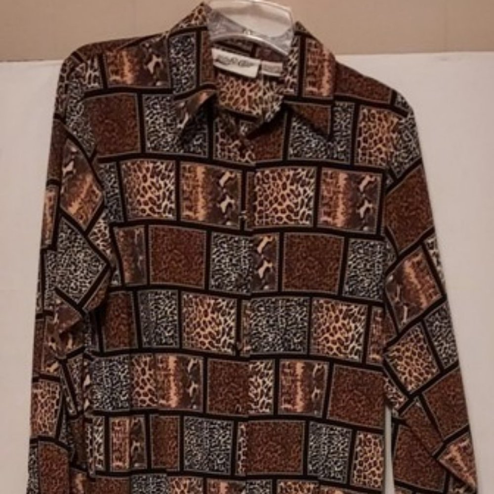 VTG WOMANS YEVES ST CLAIR LONG SLEEVE BLOUSE. ANIMAL PRINT PULLOVER